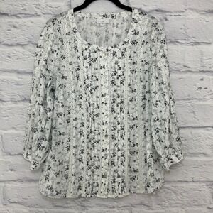 J Jill Womens Floral Print Blouse Shirt White Black Size M Cottagecore Boho